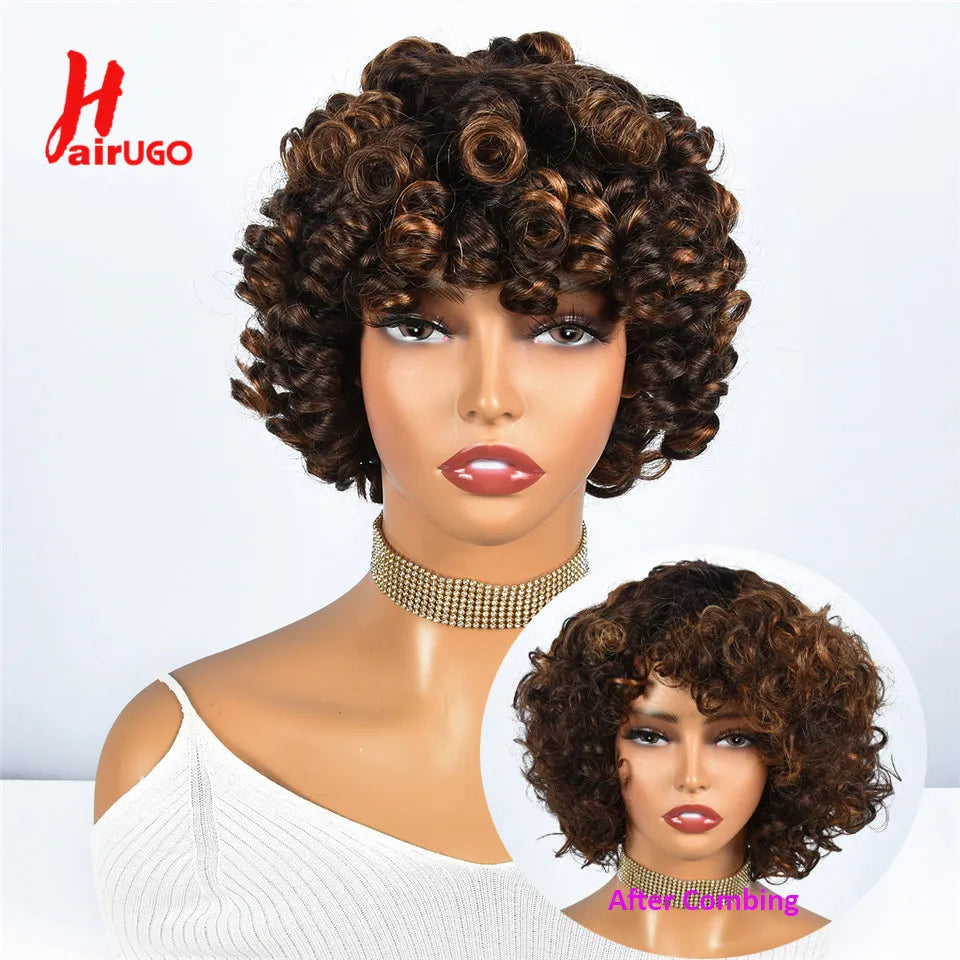 Hairugo-Perruque de Cheveux Humains Bouclés Coupe Pixie à Reflets, Sans Colle, avec Frange Entièrement Fabriquée à la Machine