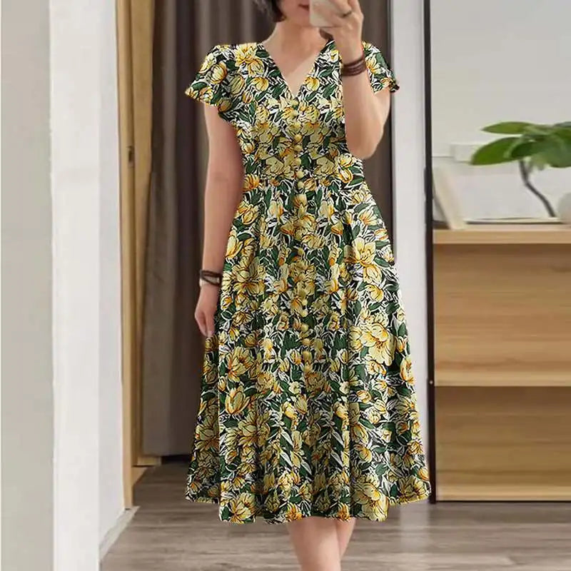 Robe d'été élégante pour femmes, col en V, manches courtes, imprimé Floral, style bohème, robes de fête de vacances, 2024