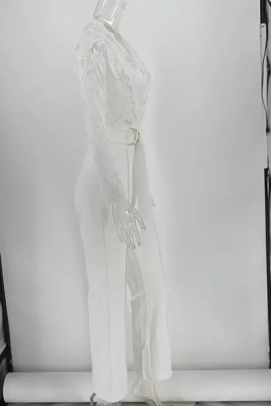Combinaison blanche en dentelle pour femme, salopette élégante, longue, une pièce, taille haute, plume, soirée de mariage, barboteuses sexy, Y2K