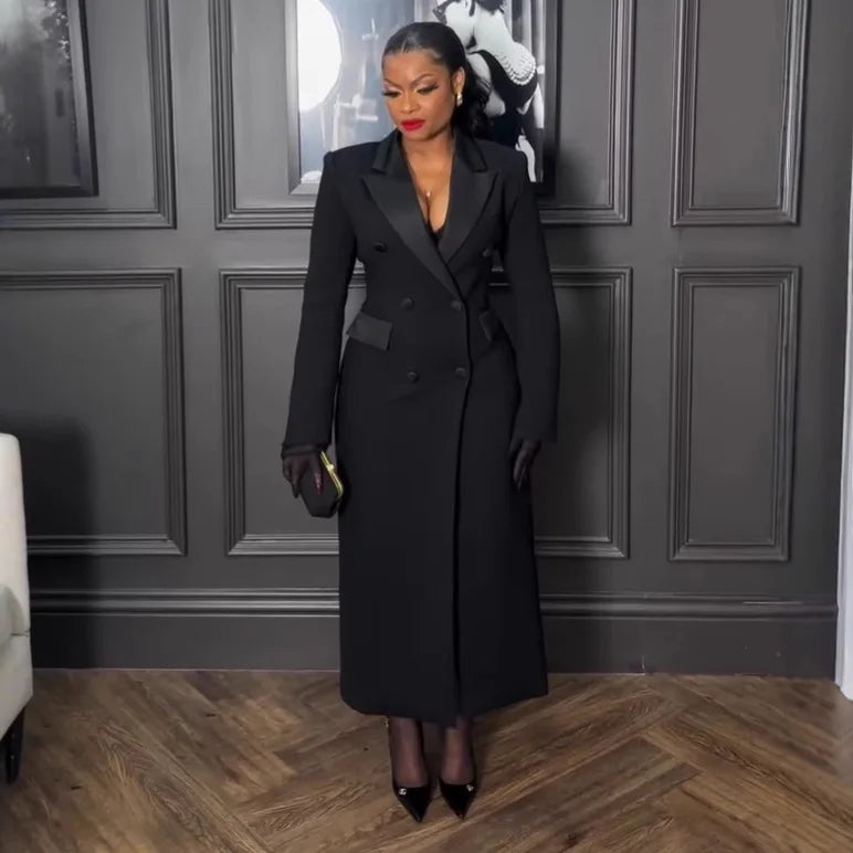 CM.YAYA-Robe longue crantée à manches longues pour femmes, robe de soirée élégante, robe de rue, double boutonnage, sexy, mode, avocat, travail, nuit, printemps