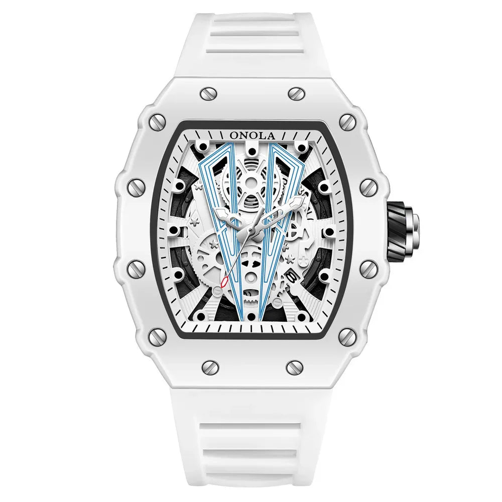 ONOLA-Montre Tonneau Blanche pour Homme, Horloge Masculine, Calendrier Showous, Degré d'Eau, Bande en Silicone