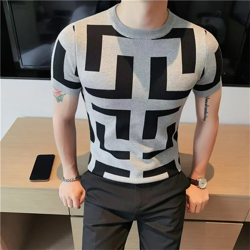 Polo BS été nouveaux hommes mince Vintage à manches courtes tricot t-shirt rayé imprimé col rond graphique t-shirts pour hommes Camiseta Masculina