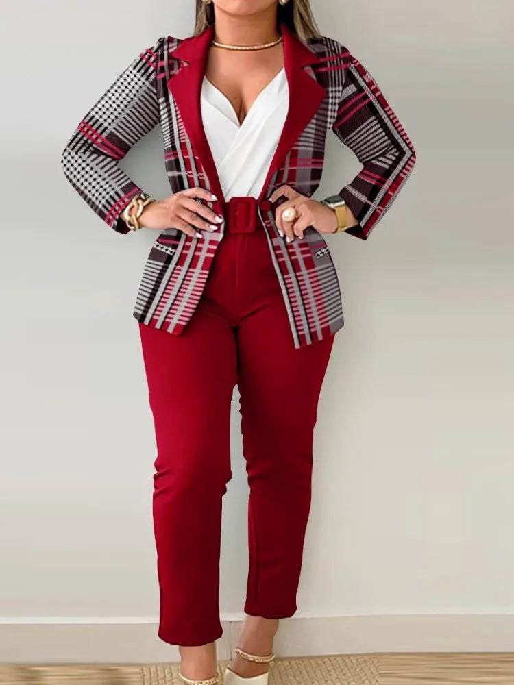 Ensemble de travail deux pièces avec ceinture pour femme, blazer à col à revers, manteau cardigan, pantalon, lettre imprimée, mode, bureau imbibé, automne, hiver
