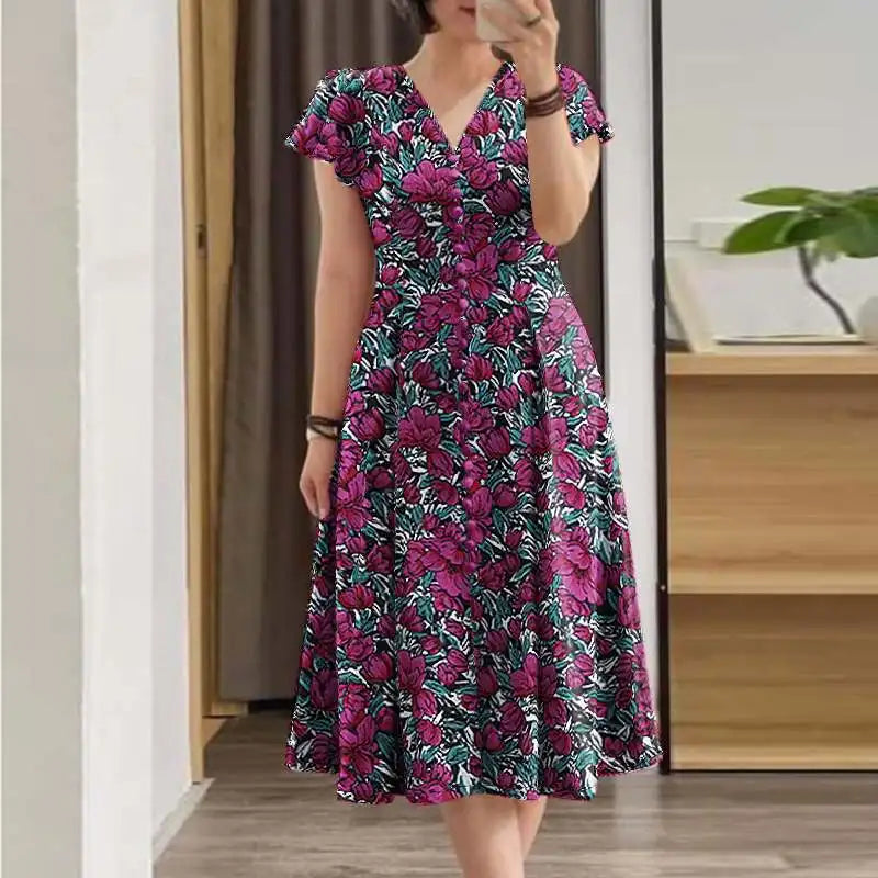 Robe d'été élégante pour femmes, col en V, manches courtes, imprimé Floral, style bohème, robes de fête de vacances, 2024