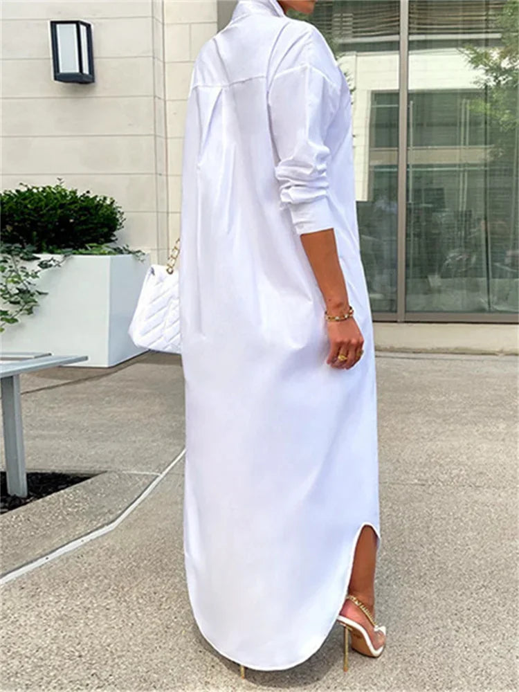 Robe chemise boutonnée à revers pour femmes, robe longue monochrome, streetwear décontracté pour dames, chemise à manches longues pour documents, automne