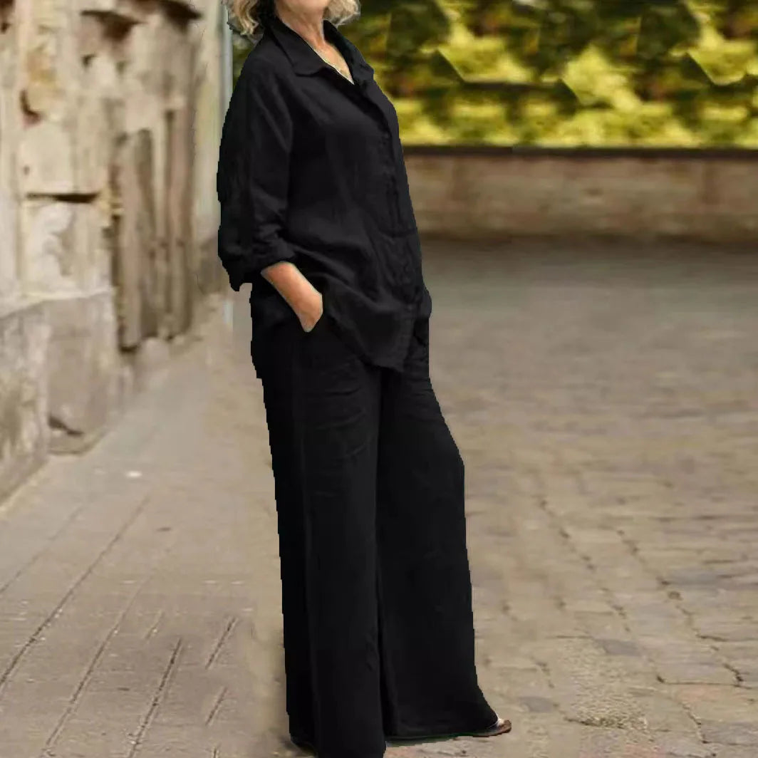 Ensemble 2 pièces en coton et lin pour femmes, chemise à manches longues, jambe large, mode féminine, bureau, printemps, automne