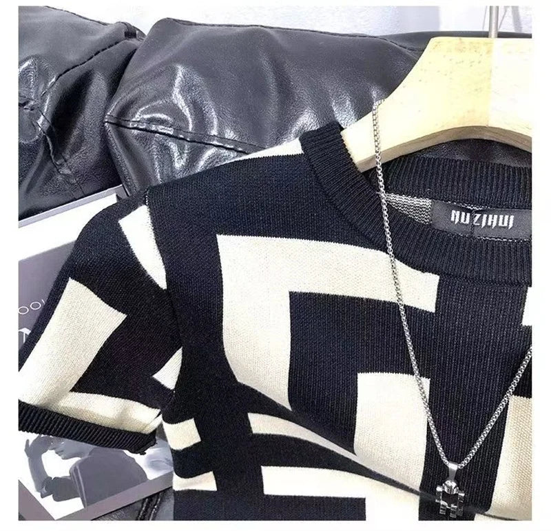 Polo BS été nouveaux hommes mince Vintage à manches courtes tricot t-shirt rayé imprimé col rond graphique t-shirts pour hommes Camiseta Masculina