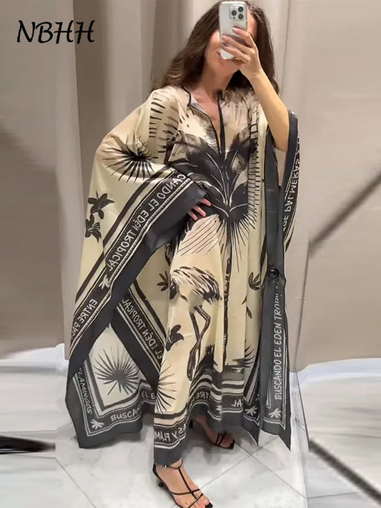 Robes longues plissées imprimées amples pour femmes, élégantes, col rond, manches longues, Robes de vacances, été, mode dubaï, 2025