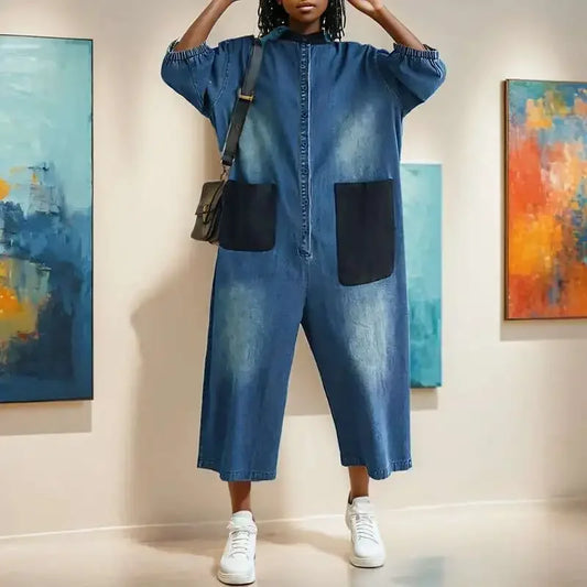 Combinaisons en Denim avec poches Patchwork pour femmes, nouveaux articles, col rond, simple boutonnage, pantalon élastique à manches courtes
