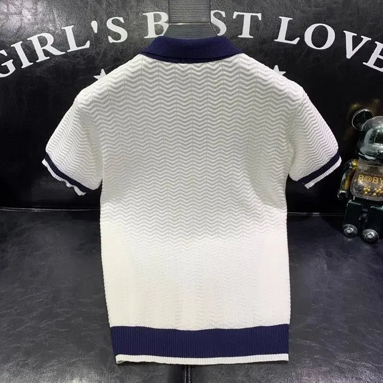 T-shirt à manches courtes en soie glacée pour hommes, pull tricoté à revers contrasté, tendance et personnalisé, décontracté, nouvelle collection été