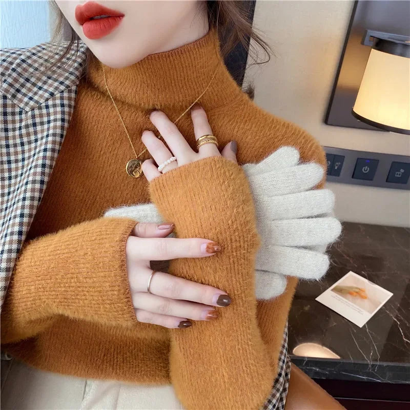 Pull à col roulé à manches longues pour femmes, optique, mince, doux, chaud, côtelé, hiver, automne, 2024