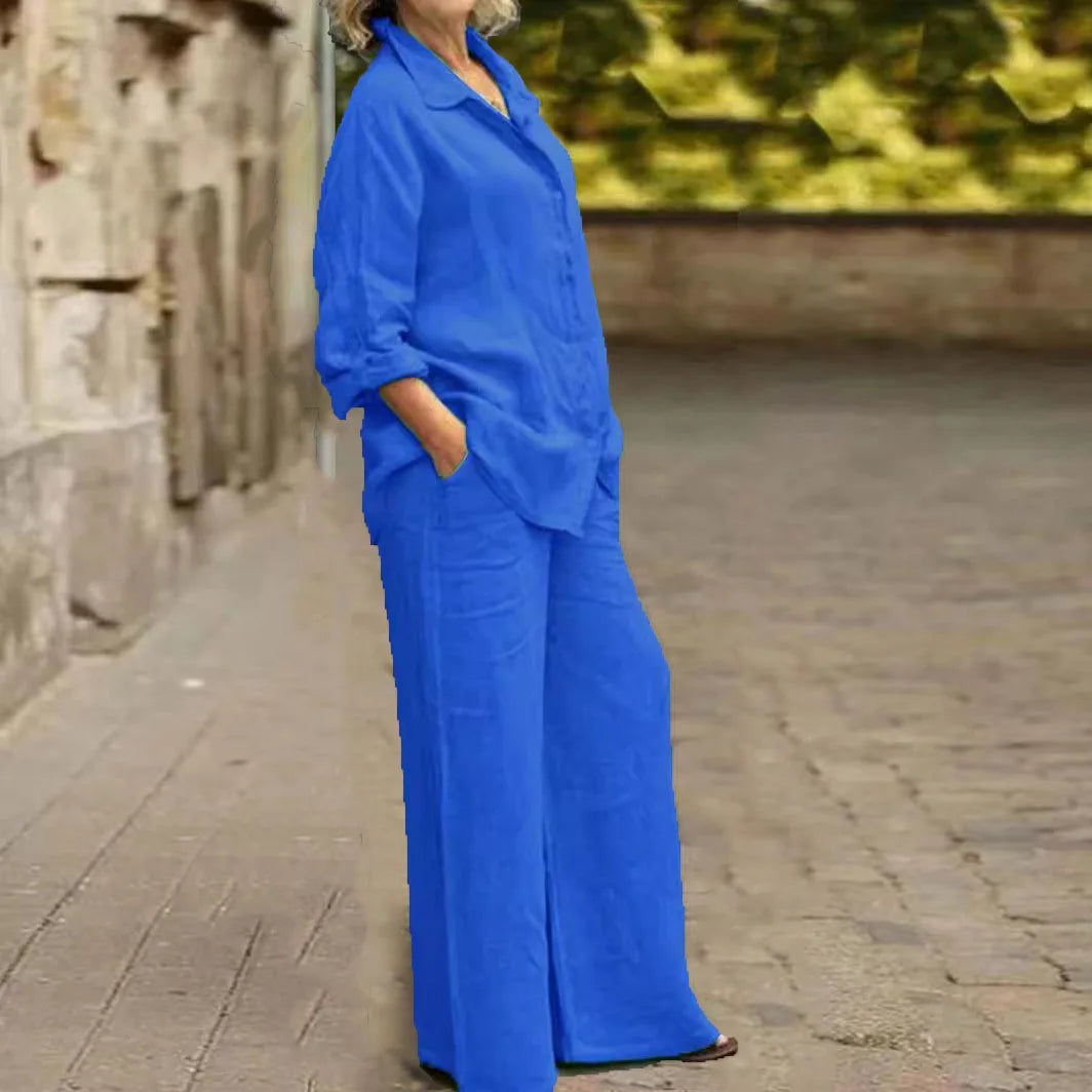 Ensemble 2 pièces en coton et lin pour femmes, chemise à manches longues, jambe large, mode féminine, bureau, printemps, automne