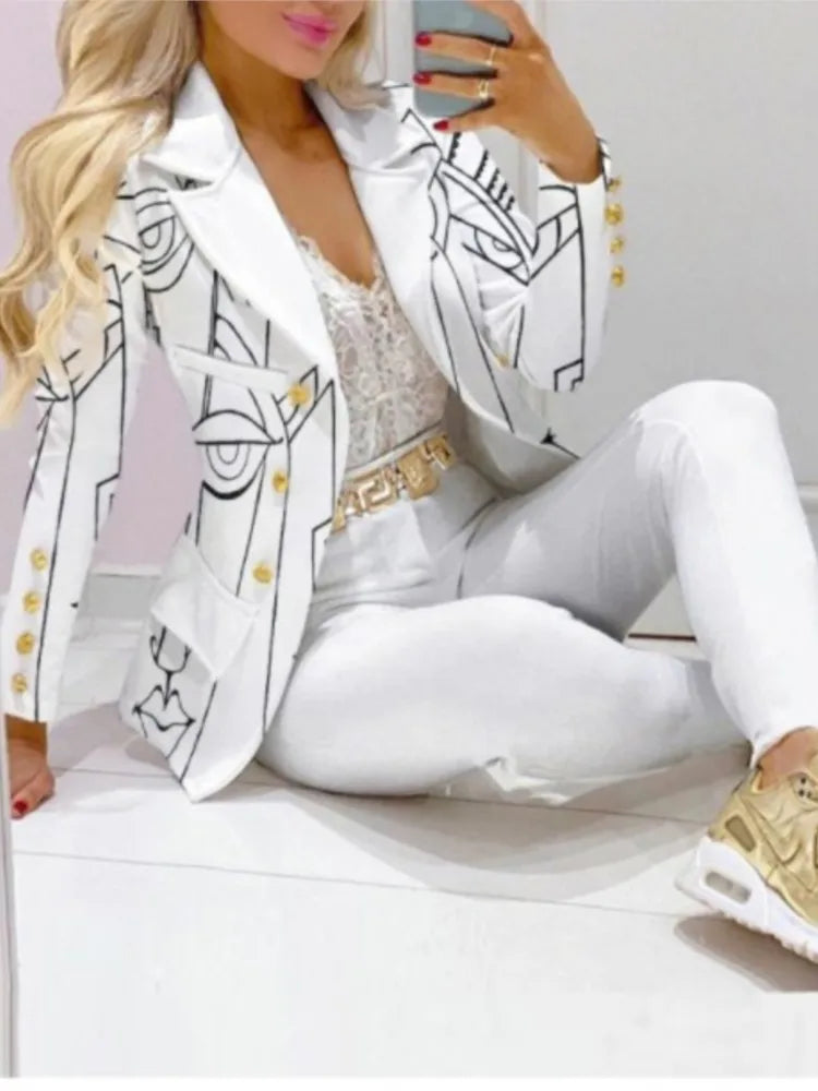 Costume imprimé à manches longues pour femmes, ensemble 2 pièces, couleur assortie, Slim, élégant, pour le bureau, nouvelle collection automne hiver 2023