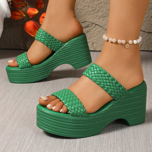 2025 vert talon compensé tissé sandales femmes grande taille grosse plate-forme pantoufles femme été semelle épaisse diapositives chaussures femme 42