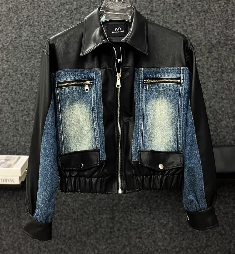 Veste en cuir à manches longues pour hommes avec fermeture éclair, vestes en denim épissées pour hommes, court et décontracté, mode haut de gamme, printemps et automne, 2024