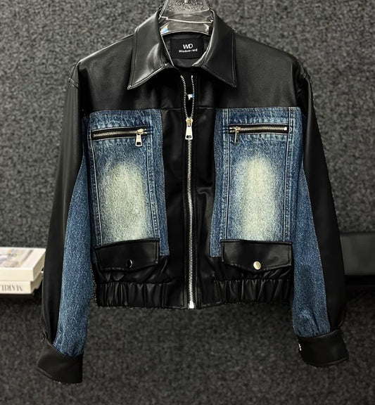 Veste en cuir à manches longues pour hommes avec fermeture éclair, vestes en denim épissées pour hommes, court et décontracté, mode haut de gamme, printemps et automne, 2024