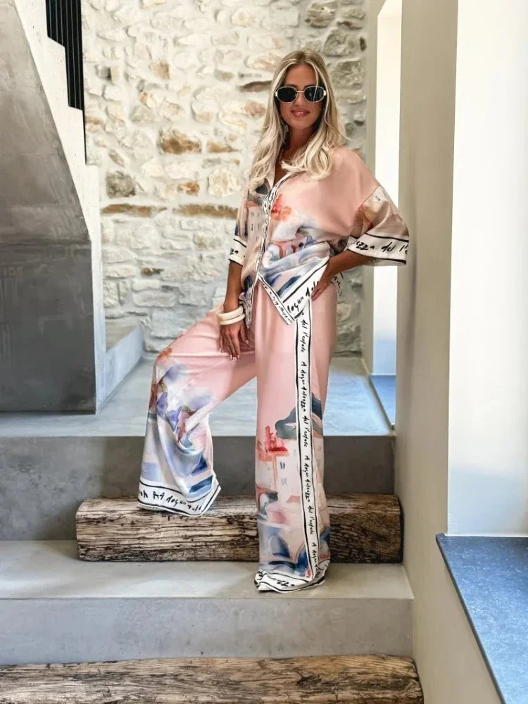 2 pièces ensemble pour femme été nouveau élégant imprimé demi manches chemise hauts costumes à la mode décontracté ample jambe large pantalons ensembles