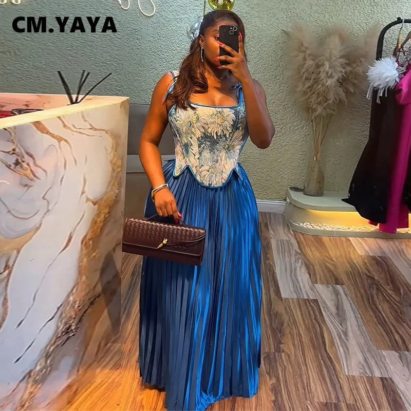 CM.YAYA ensemble femme imprimé fleuri taille cintrée gilet + jupes longues plissées costume 2025 fête soirée rue deux 2 pièces ensemble tenue