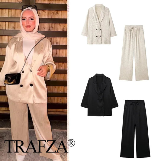 TRAFZA 2025 femmes pantalons décontractés ensemble taille haute pantalon à jambes larges + solide Beige ample glace soie Double boutonnage chemise hauts 2025 à la mode