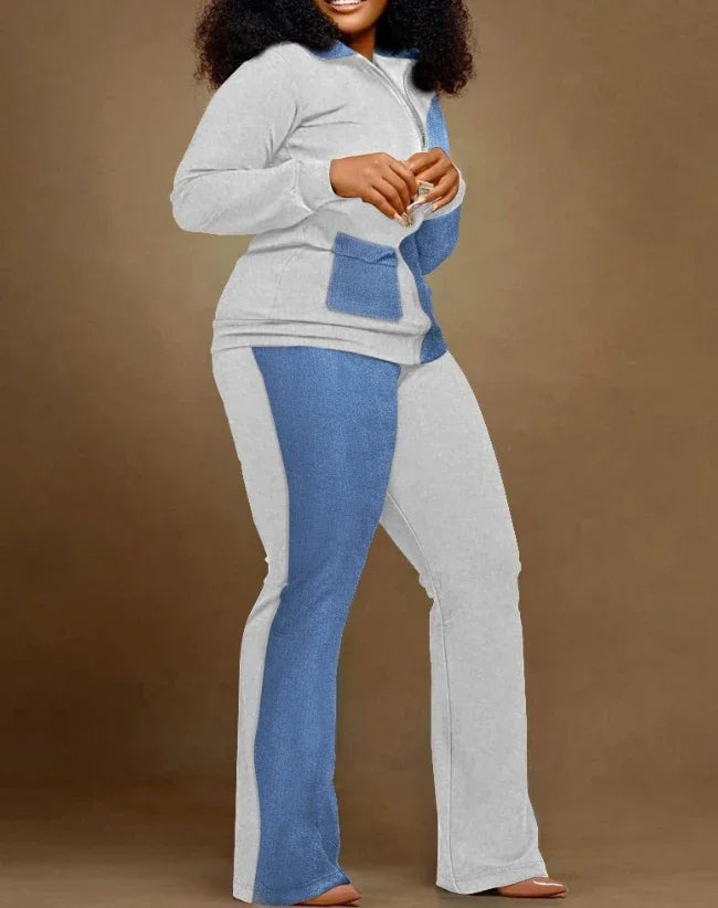 BERAKAH SUPRÊME - ensemble deux pièces femmes tenue automne Denim Look imprimé fermeture éclair conception col montant à manches longues haut et pantalons décontractés ensemble