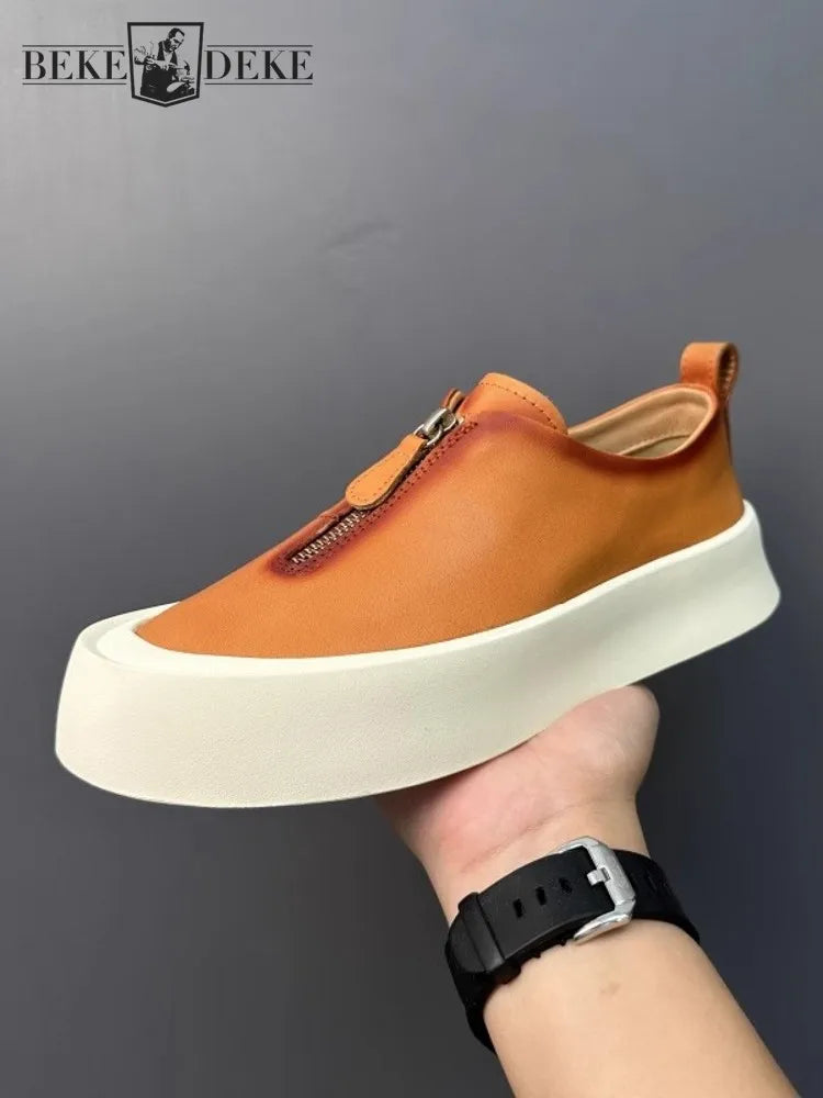 Mocassins à fermeture éclair pour hommes, cuir de vachette véritable, chaussures décontractées, baskets d'extérieur vintage, chaussures de skateboard, plate-forme optique, mode