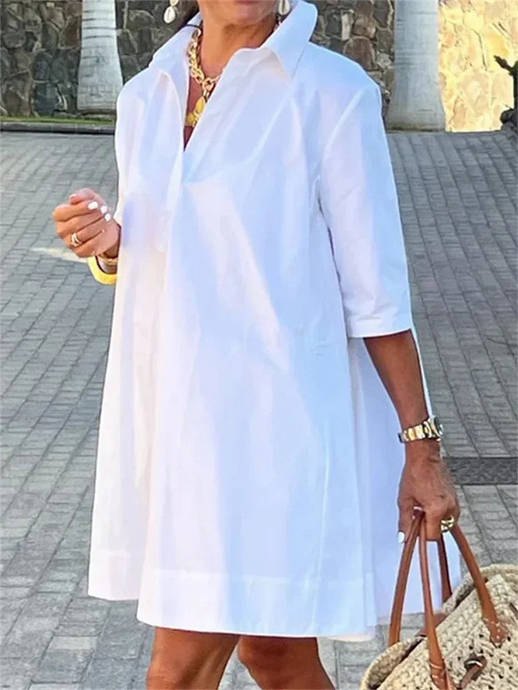 Mini robe à revers de couleur unie pour femmes, mode urbaine, demi-manches, ample, décontractée, pour les déplacements au bureau, blanche, nouvelle collection été