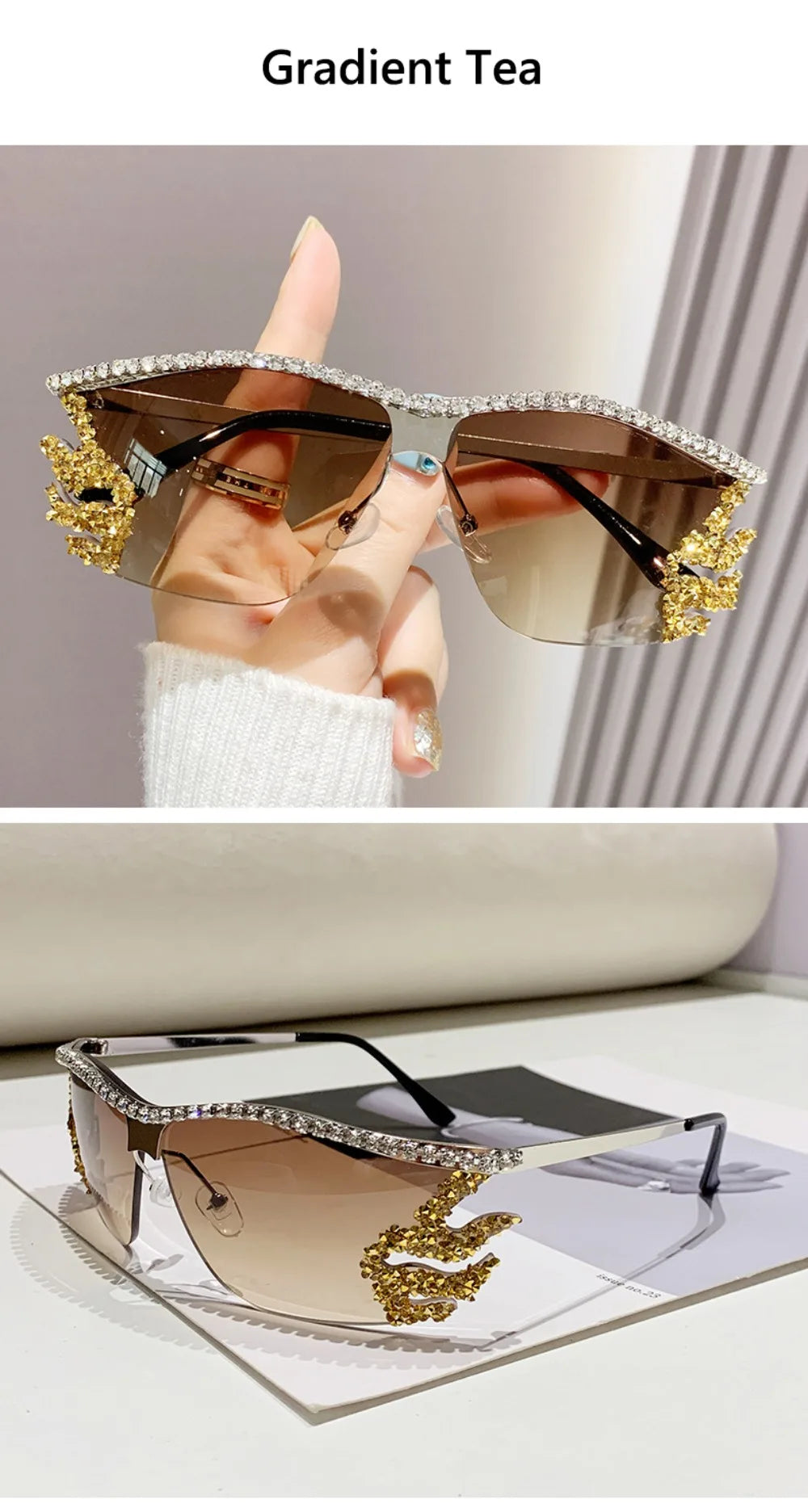 Y2K lunettes de soleil sans monture Punk irrégulière femme lunettes de soleil de luxe concepteur UV400 Protection diamant cristal nuances pour les femmes