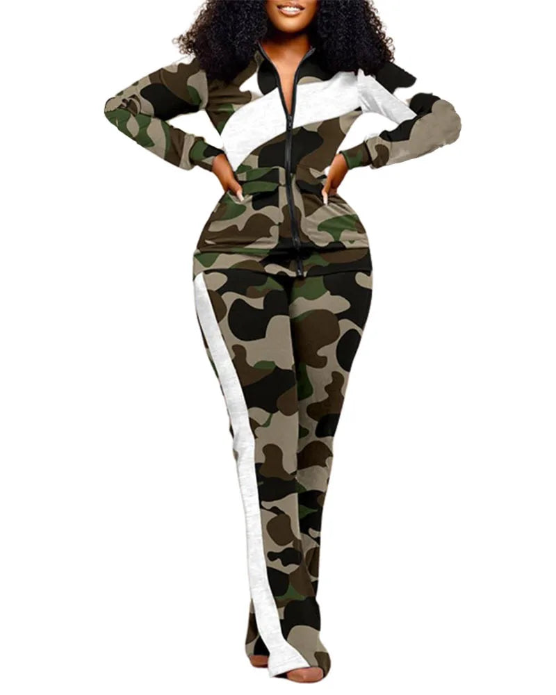 BERAKAH SUPRÊME - ensemble deux pièces femmes tenue automne Denim Look imprimé fermeture éclair conception col montant à manches longues haut et pantalons décontractés ensemble