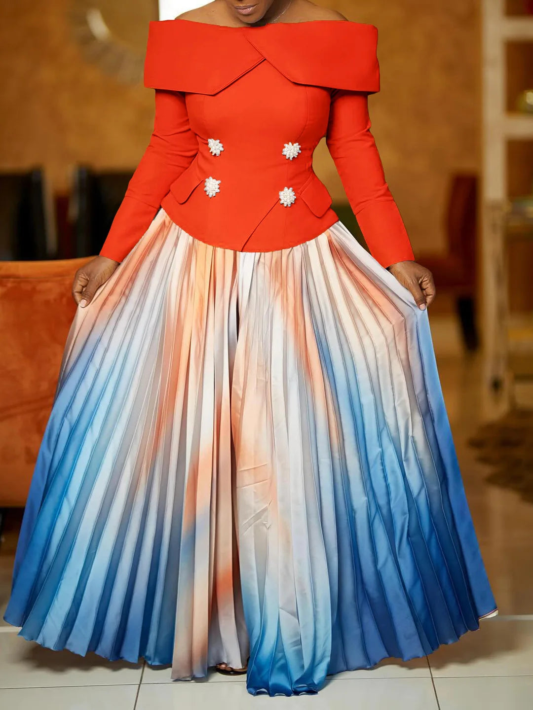 BS - Ensemble à manches longues et col slash pour femme, jupes longues plissées dégradées, ensemble de rue, tenues d'avocat africain, 2 pièces