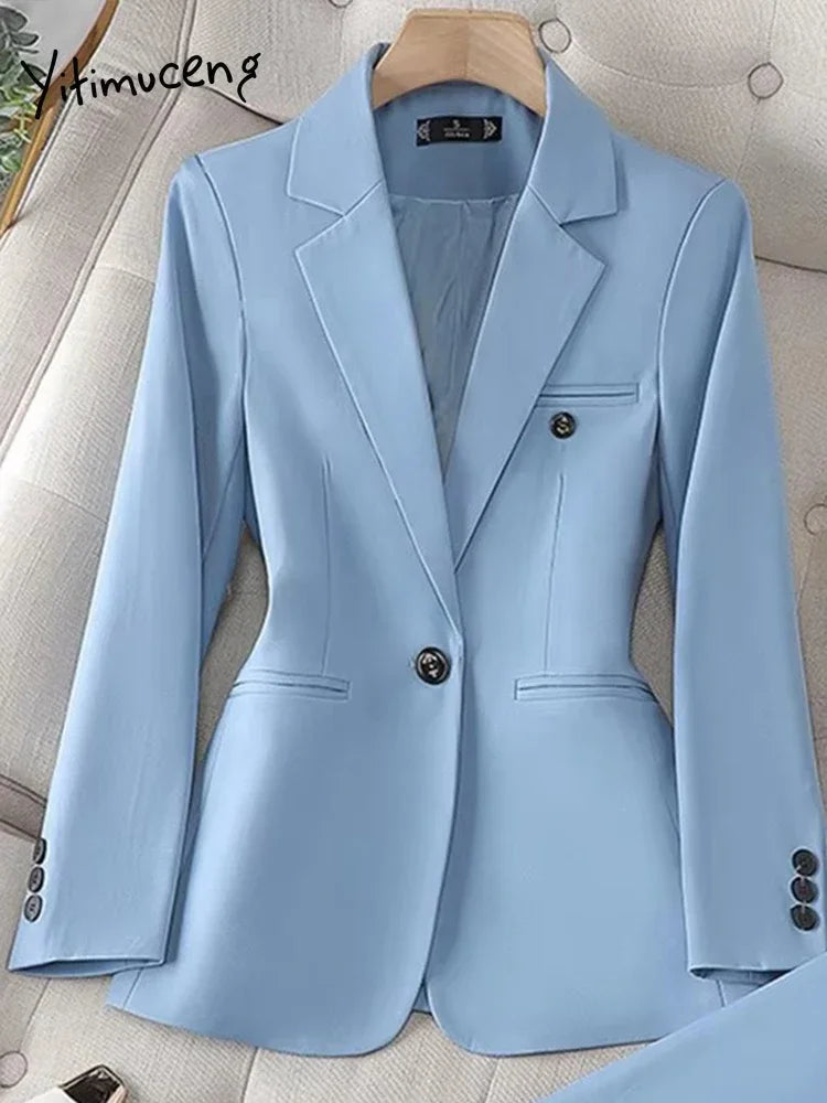 Costume Blazer Bleu Décontracté pour Femme, Tenue de Bureau, Manches sulf, Veste à Bouton Unique, Ensemble 2 Pièces, Chic, Mode, Pantalon, Élégant