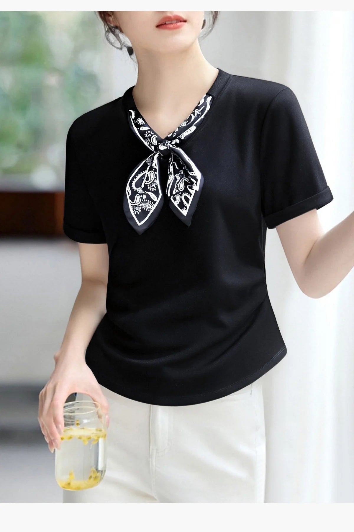 T-Shirt à manches courtes et col en V pour femme, écharpe structurée, épaules froncées, cravate à la taille, amincissante, nouvelle collection 2025