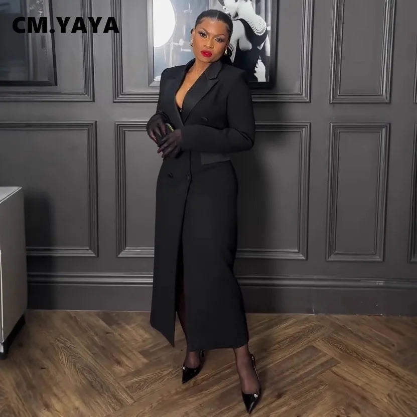 CM.YAYA-Robe longue crantée à manches longues pour femmes, robe de soirée élégante, robe de rue, double boutonnage, sexy, mode, avocat, travail, nuit, printemps