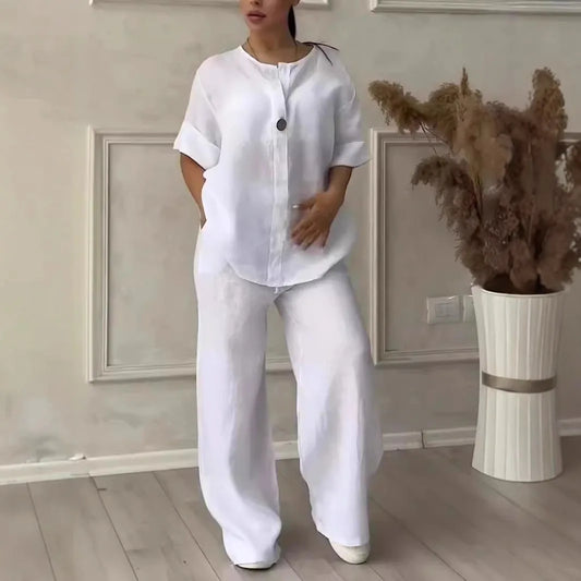 Ensemble deux pièces en coton et lin pour femmes, confortable, ample, haut, pantalon à jambes larges, décontracté, à la mode, costumes, tenues de printemps et d'été