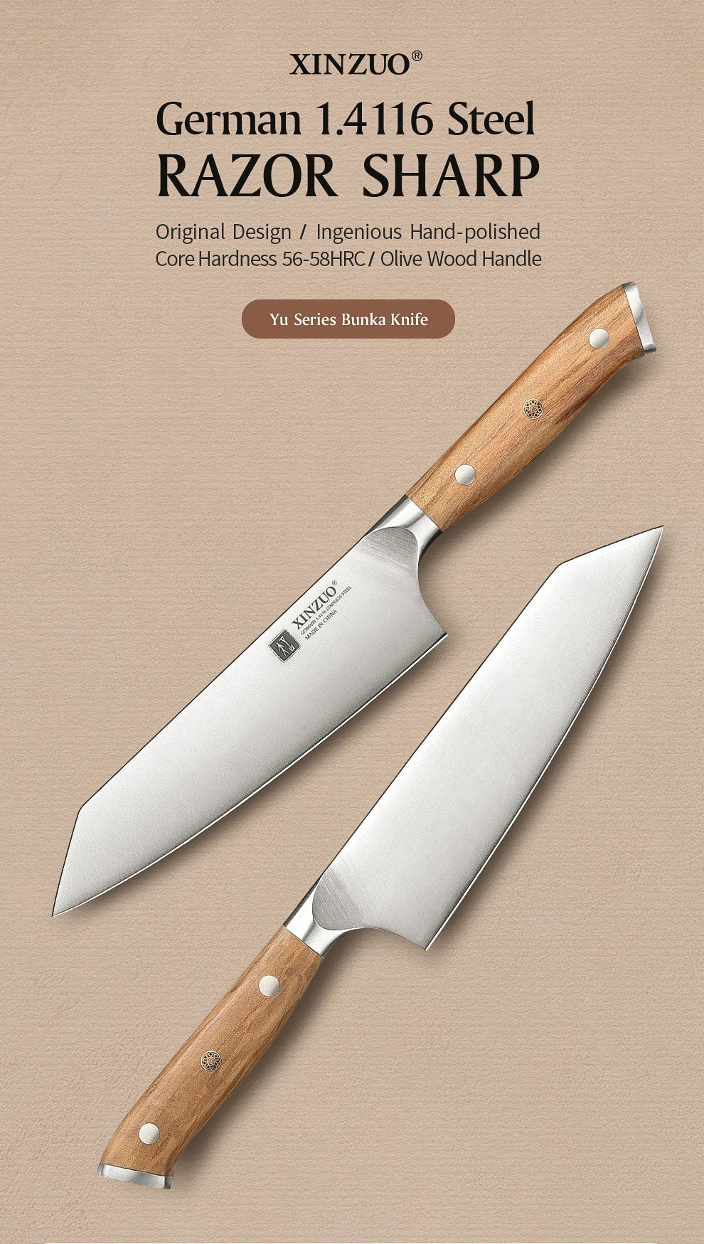 XINZUO 5,83 pouces Bunka couteau de chef allemand DIN 1.4116 acier 56 ± 2 HRC 15 ° Rivets en cuivre avec manche en bois d'olivier à 1 bords avec boîte cadeau