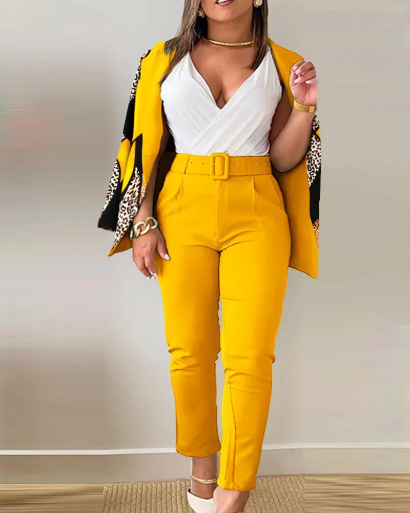 Ensemble de travail deux pièces avec ceinture pour femme, blazer à col à revers, manteau cardigan, pantalon, lettre imprimée, mode, bureau imbibé, automne, hiver