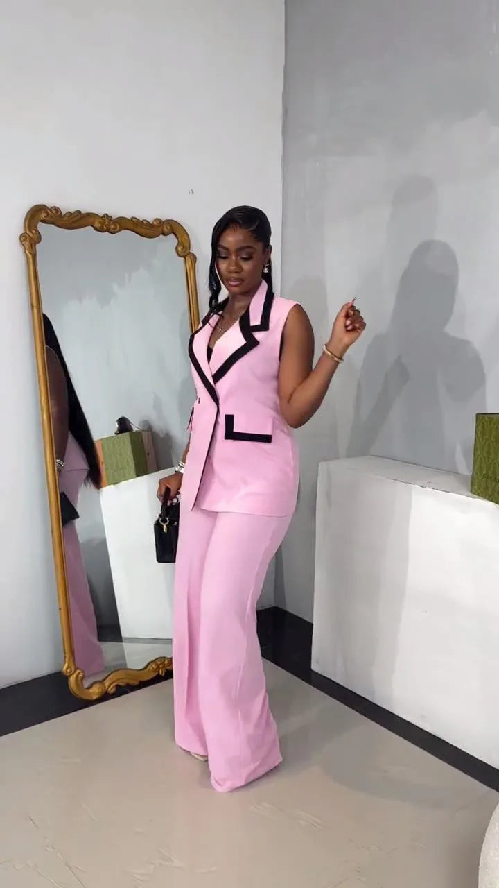 BS -  mode femmes ensemble rayé Patchwork sans manches débardeur Blazer haut et pantalon à jambes larges costume 2025 deux 2 pièces ensembles tenues