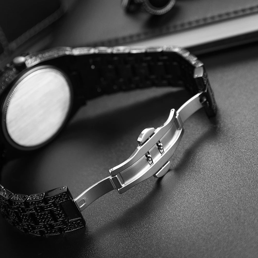 2024 Hip Hop hommes montres à quartz MISSFOX automatique Date glacé montre-bracelet mode bleu diamant bijoux montre pour homme livraison gratuite