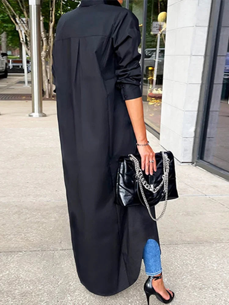 Robe chemise boutonnée à revers pour femmes, robe longue monochrome, streetwear décontracté pour dames, chemise à manches longues pour documents, automne