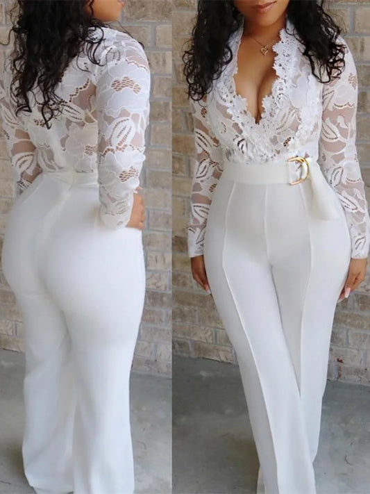 Combinaison blanche en dentelle pour femme, salopette élégante, longue, une pièce, taille haute, plume, soirée de mariage, barboteuses sexy, Y2K