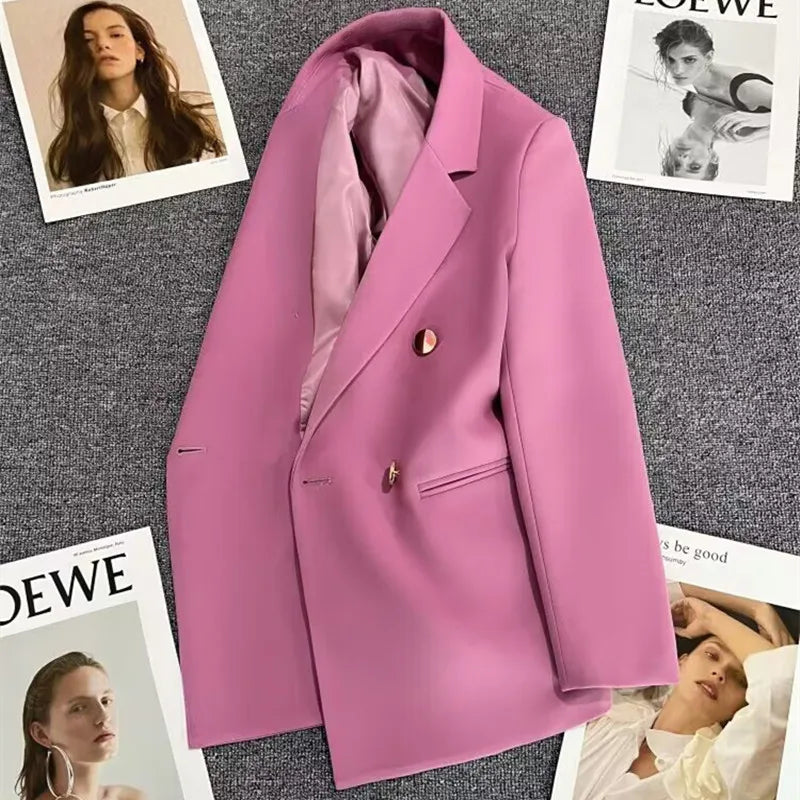 Couleur bonbon OL Blazer printemps automne cranté à manches longues Double boutonnage bouton en métal mince poche Blazer manteaux ZXFS-S602