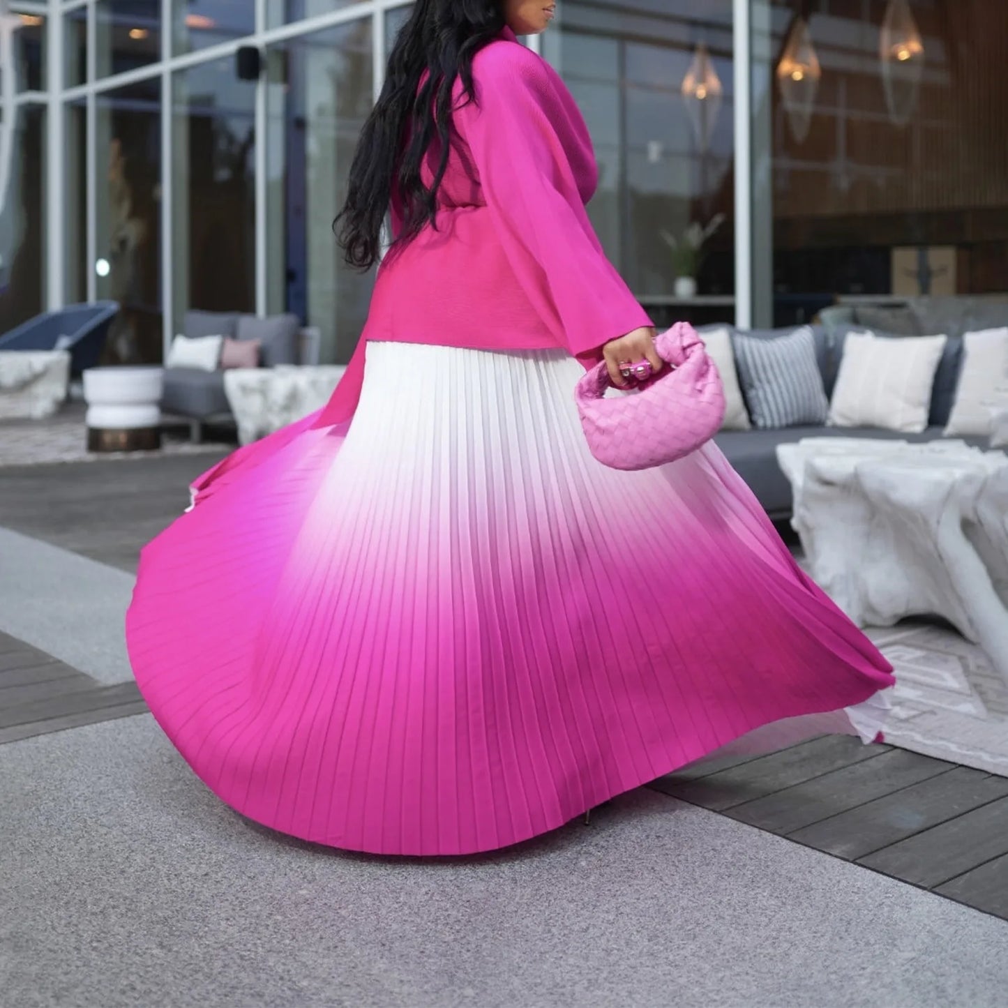 CM.YAYA – ensemble dégradé pour femmes, chemisier à manches longues avec ceinture, chemise et jupes longues plissées, costume de rue, ensemble deux pièces, survêtement