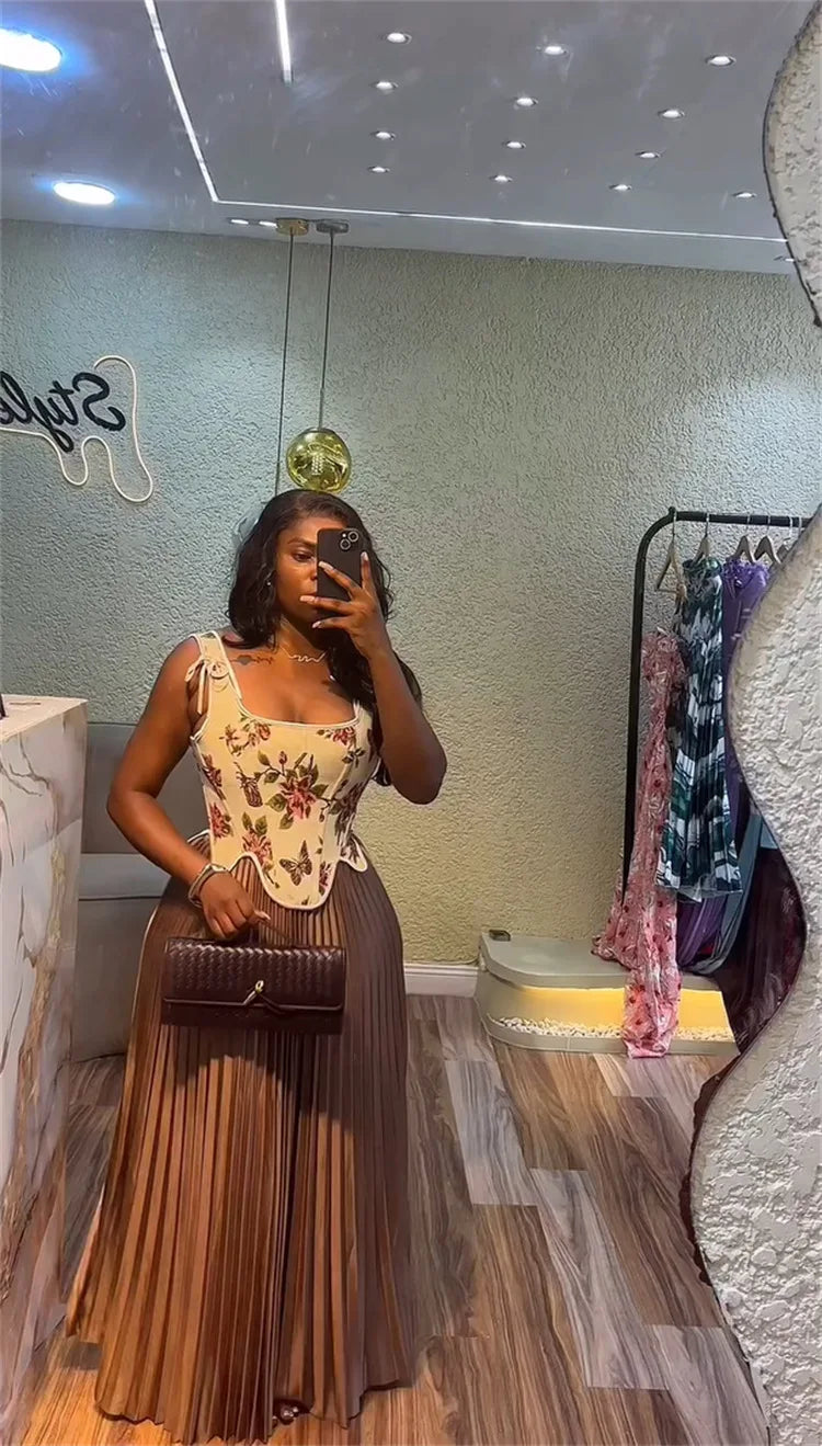 CM.YAYA ensemble femme imprimé fleuri taille cintrée gilet + jupes longues plissées costume 2025 fête soirée rue deux 2 pièces ensemble tenue