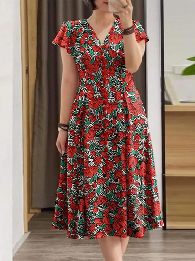 Robe d'été élégante pour femmes, col en V, manches courtes, imprimé Floral, style bohème, robes de fête de vacances, 2024