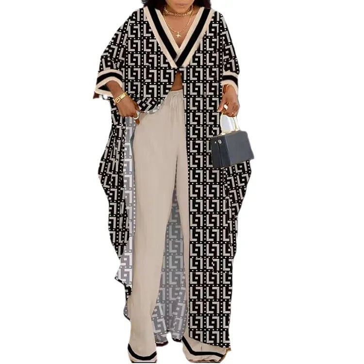 Ensemble haut et pantalon à manches longues pour femmes, col en V, impression de lettres, devant ouvert, décontracté, mode printemps, été, nouveau, 2023