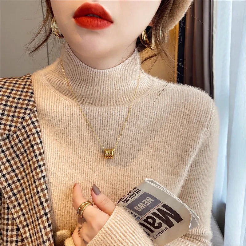 Automne hiver épais Pull femmes tricoté côtelé Pull Pull à manches longues col roulé mince Pull doux chaud Pull Femme 2025