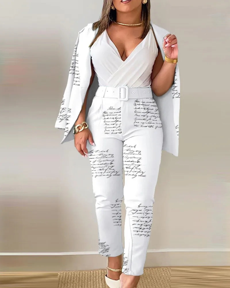 Ensemble de travail deux pièces avec ceinture pour femme, blazer à col à revers, manteau cardigan, pantalon, lettre imprimée, mode, bureau imbibé, automne, hiver