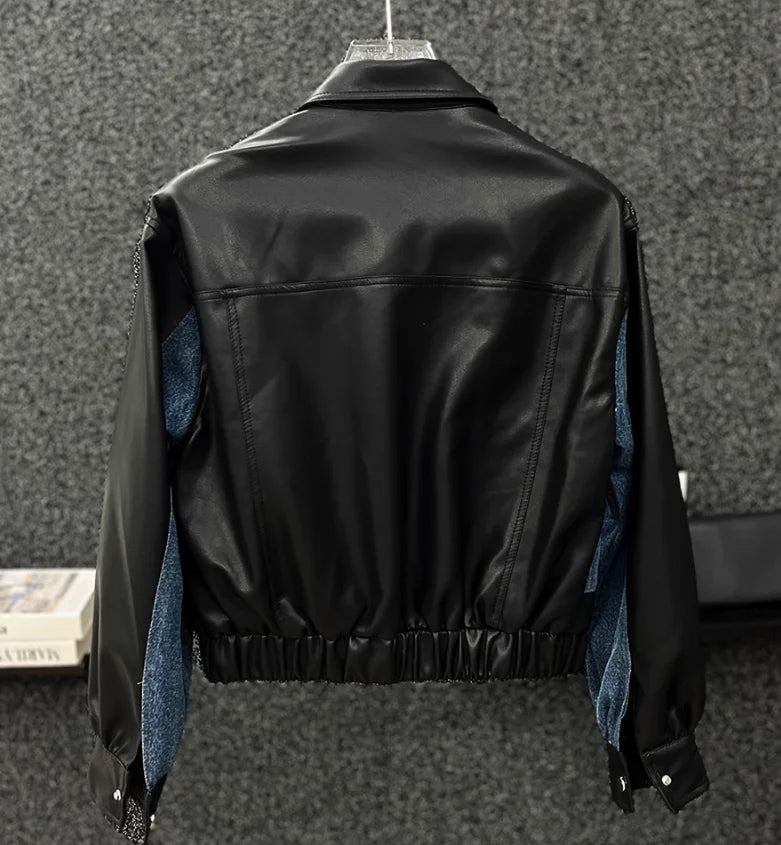 Veste en cuir à manches longues pour hommes avec fermeture éclair, vestes en denim épissées pour hommes, court et décontracté, mode haut de gamme, printemps et automne, 2024