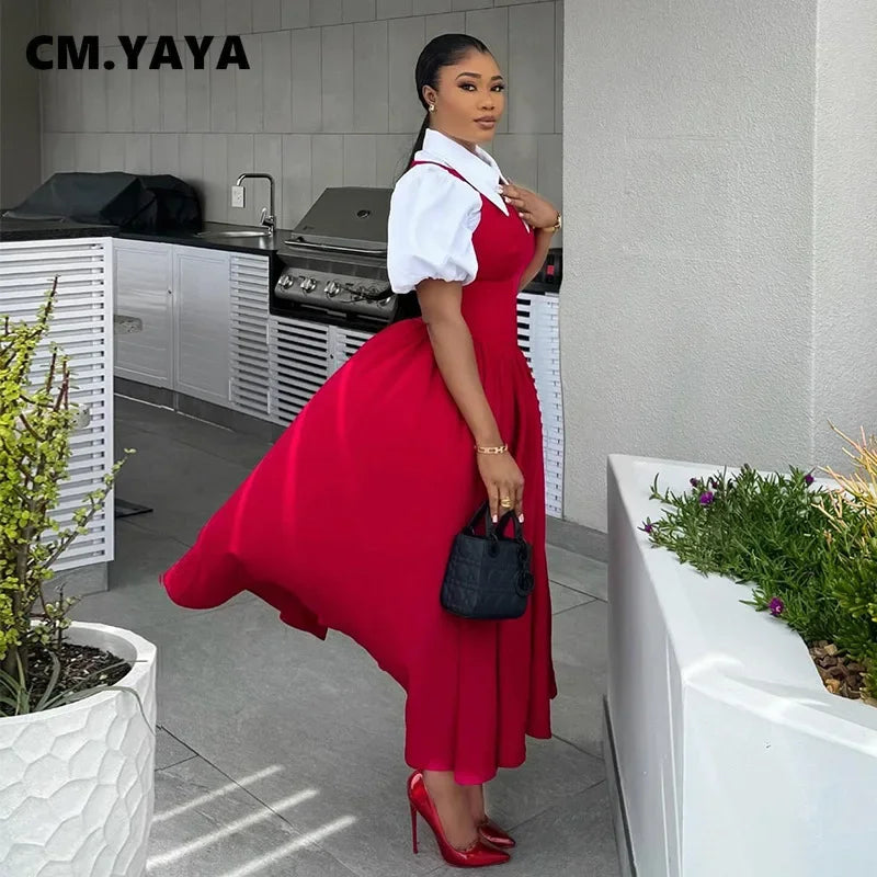 CM.YAYA – robe chemise longue à manches courtes bouffantes pour femmes, douce, Slim, taille haute, froncée, plissée, plage, Streetwear, Maxi, grande balançoire