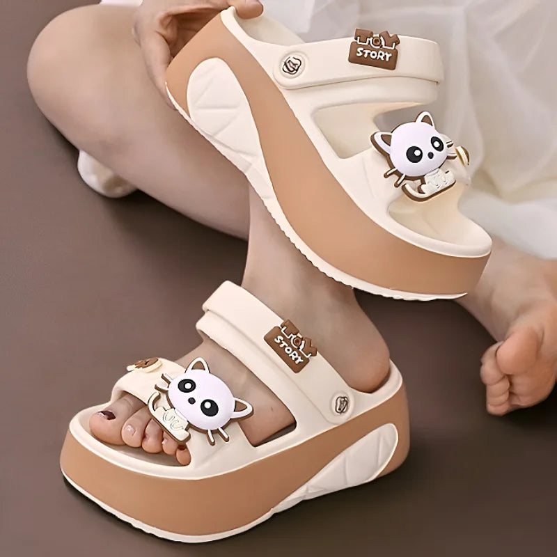Nouveau 6 cm pantoufles chat à talons hauts femme polyvalent kitty sandale sabots femmes grosses diapositives chaussures dames rose plate-forme EVA pantoufles