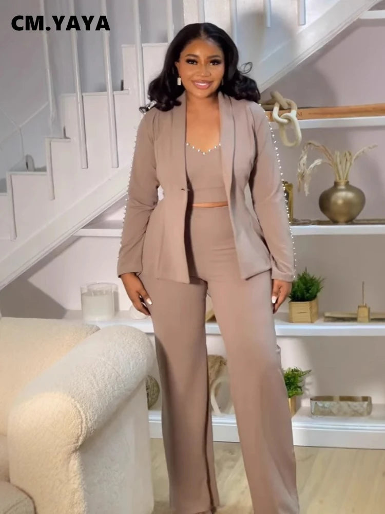 CM.YAYA – costume pantalon élégant pour femmes, Blazer à manches longues + haut assorti, ensemble deux pièces pour travail de rue OL, tenues d'automne en perles, 2025